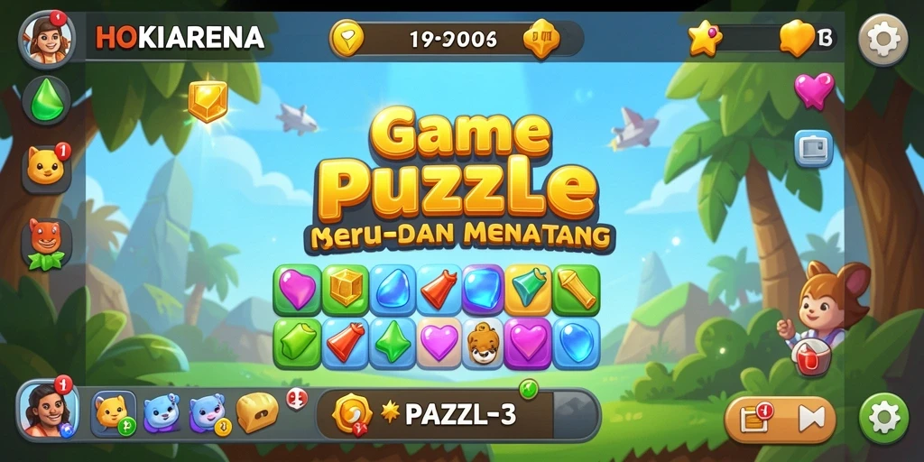 Antarmuka permainan HOKIARENA dengan elemen Puzzle Match-3 yang menarik.