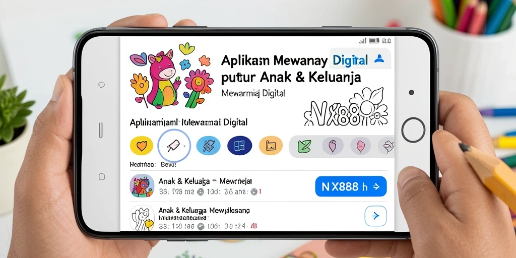 Tampilan antarmuka aplikasi NX888 yang ramah anak saat mewarnai.