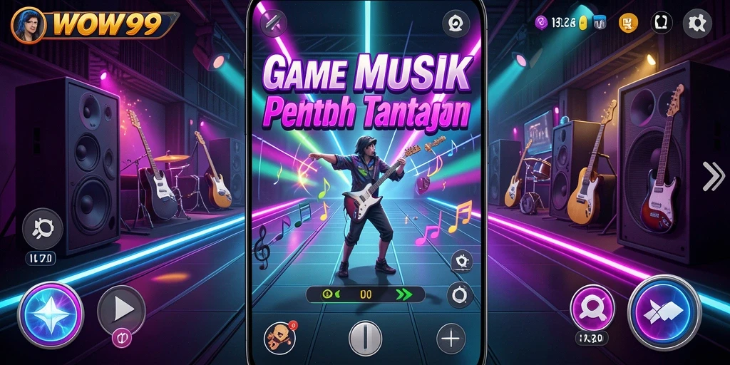 Tampilan antarmuka permainan WOW99 dengan fitur Musik Rhythm yang interaktif.